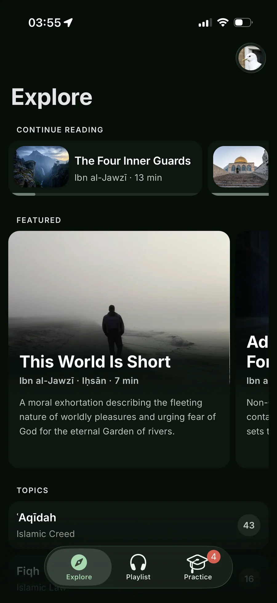 The Explore screen with featured classical texts by Ibn al-Jawzī and topic categories
