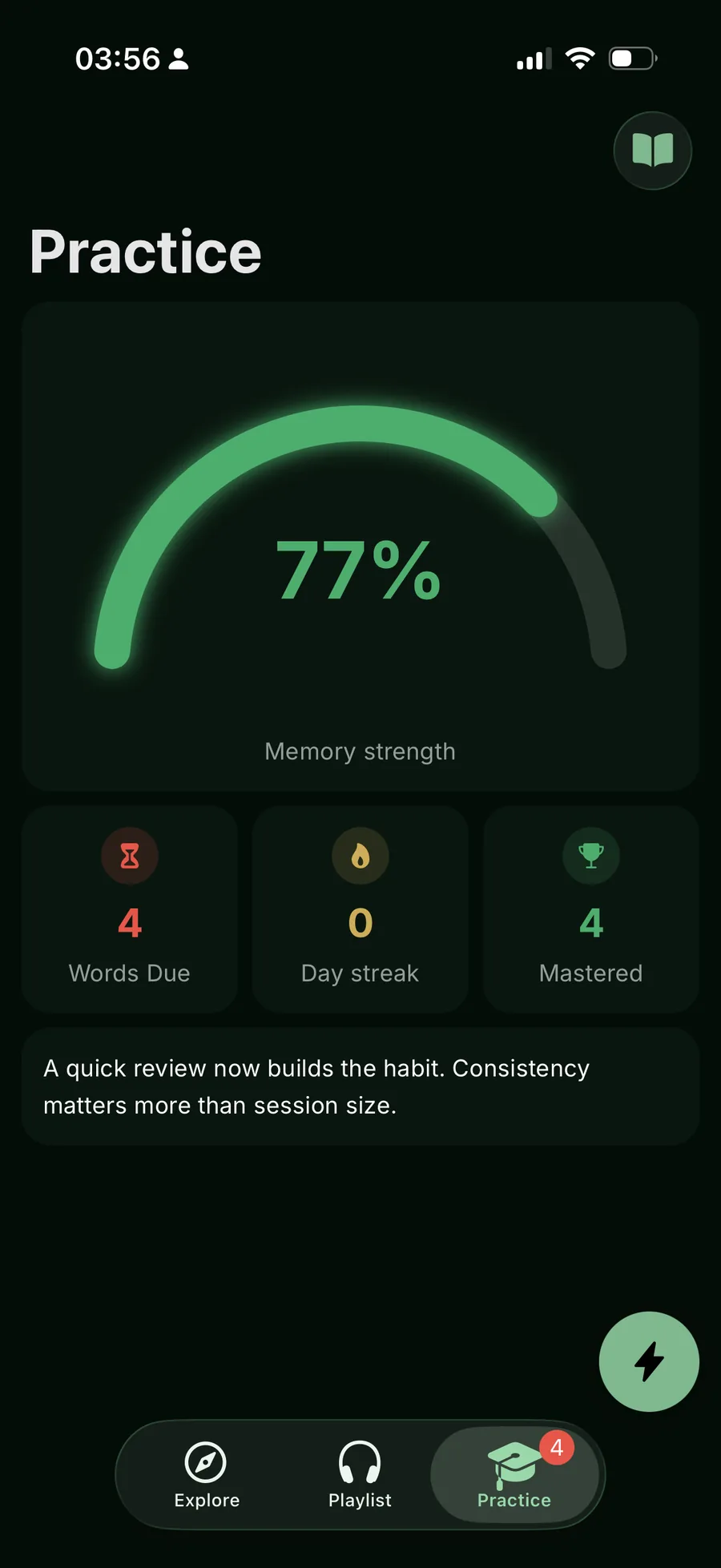 A practice dashboard showing memory strength, words due, streak, and mastered count
