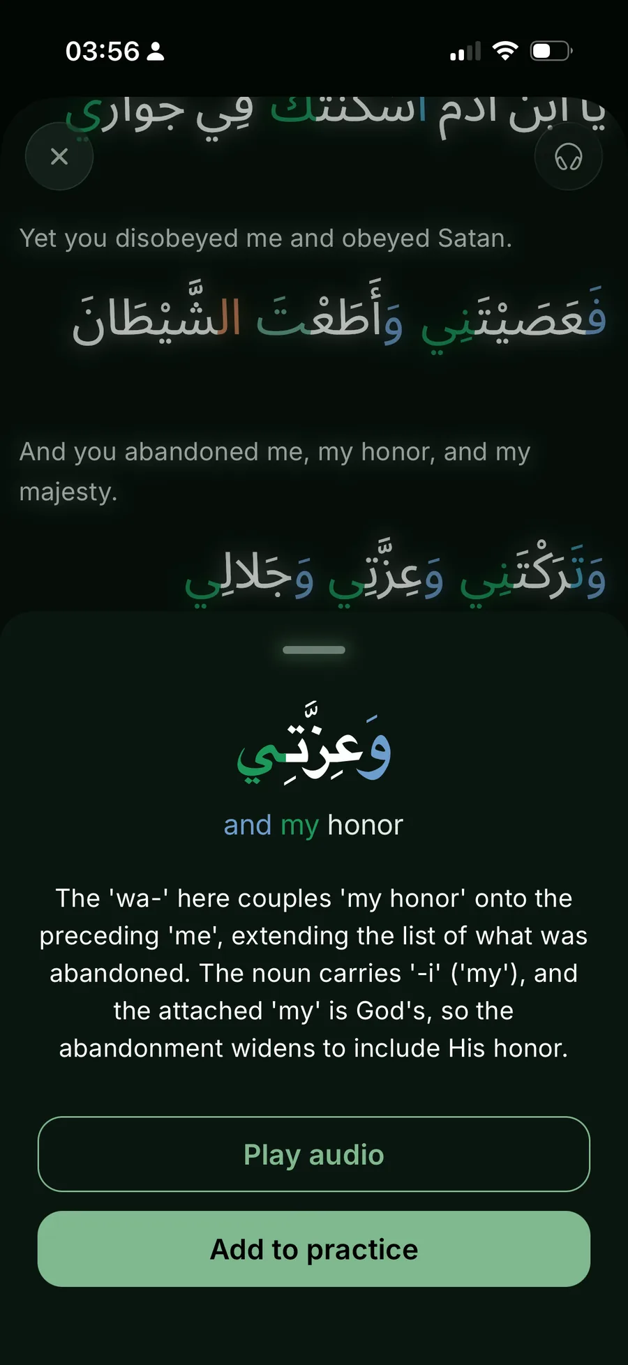 A tapped word showing its meaning, a grammar note, native audio and an add-to-practice button